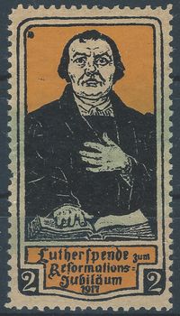 DR Reklamemarke Lutherspende zum Reformationsjubil&auml;um 1917, DR Reklamemarke Lutherspende zum Reformationsjubil&auml;um 1917, Luther Briefmarken, Vignette, Reklamemarke, Werbemarke, Martin Luther, Ereignismarke