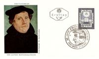 Entwurf: Adalbert Pilch. Stich: Alfred Fischer, Erstagstempel &quot;30 Jahre Zwingli Kirche Wien&quot;, &Ouml;sterreich, Michel 1249, 450 Jahre Reformation, &Ouml;sterreich, Zwingli, Martin Luther, Luther Briefmarken, Lutherbibel, Bibel