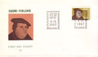 FINLAND 1967 &ndash; FDC 450 YEARS MARTIN LUTHER REFORM W 1 ST OF 40 MK POSTM HELSINKI SF NOV 4, 1967 RE1450 Jahre Reformation, Reformation, 04.11.1967, Finnland, FDC &quot;Martin Luther&quot;, Michel-Katalog-Nr.: 629, Luther Briefmarken, Helsinki, Mark Schlumberger