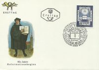 Entwurf: Adalbert Pilch. Stich: Alfred Fischer,, &Ouml;sterreich, Michel 1249, 450 Jahre Reformation, &Ouml;sterreich, Zwingli, Martin Luther, Luther Briefmarken, Lutherbibel, Bibel