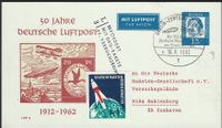 Luther Briefmarken, Martin Luther, Ganzsache, Bef&ouml;rdert mit der Rakete DRG, 17. Versuchsreihe, Sahlburg Versuchsgel&auml;nde Cuxhaven , 18.02.1962 Raketenpost, Deutsche Raketen-Gesellschaft e.V.