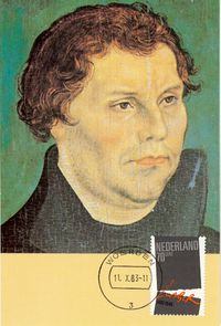 Nieuwenhuijzen, Kees (1933-2017), 11.10.1983 Niederlande, Maximumkarte 500. Geburtstag Martin Luther, Michel nr, 162, Holland, Luther Briefmarken