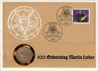 Offizielle 5 DM-Gedenkm&uuml;nze &quot;Martin Luther&quot;, Martin Luther, 1983 Luther, 500 Geburtstag, Michel 1193, Luther Briefmarken, Luther Stempel