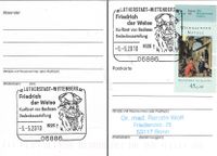 Luther Briefmarken, 05.05.2010, Gedenkausstellung Friedrich der Weise An der Schlosskirche, 06886 Wittenberg, 	RECHTECKSTEMPEL, Motiv: Friedrich der Weise Kurf&uuml;rst von Sachsen (Portrait) Stempelnummer: 06/115, LUTHERSTADT-WITTENBERG,