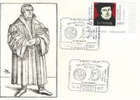 Marburg, Luther Briefmarken, Briefmarke 500 Jahre Reformation 1517 &ndash; 2017 / Martin Luther 1483 &ndash; 1546 125 Jahre Verein f&uuml;r Briefmarkenkunde, Motiv: Lutherrose, Martin Luther Stempel-Nr.: 06/061