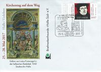 Luther Briefmarken, Unsere Lieben Frau zu Halle&ldquo;, Stempelnummer 09/106, 500 Jahre Reformation, Portrait, Martin Luther, Marktkirche Halle,