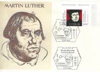 Tintenfass mit Schreibfeder, Tintenfleck, Teufelsgesicht, 28.05.2017 BRD &quot; 500 Jahre Reformation - Luther&quot; Sonderstempel L&ouml;hne, Stempellnummer 09/108, Luther Briefmarken