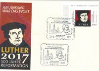 Junker J&ouml;rg, Ravensburg, Martin Luther, 23.06.2017 &quot;500 Jahre Reformation - Luther&quot; Sonderstempel Ravensburg, Stempelnummer 11/154, Luther Briefmarken