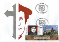 Luther Briefmarken, Erstverwendung Markenset Luther Bonn, &bdquo;500 Jahre Reformation&ldquo;: Antonia Graschberger, M&uuml;nchen Motiv &bdquo;Wartburg&ldquo;: Nicole Elsenbach, H&uuml;ckeswagen Stempel: Wittmann, Schwabach