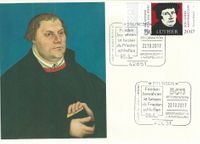 RECHTECKSTEMPEL, Deutsche Post Erlebnis: Briefmarken, Frieden bewahren ist besser als Frieden schlie&szlig;en M.L., 500 JAHRE REFORMATION GROSSTAUSCHTAG, 22.10.2017 Solingen, Stempelnummer 20/315, Reformation, Luther Briefmarken, Martin Luther, Solingen