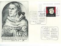 RECHTECKSTEMPEL, Deutsche Post Erlebnis: Briefmarken, Frieden bewahren ist besser als Frieden schlie&szlig;en M.L., 500 JAHRE REFORMATION GROSSTAUSCHTAG, 22.10.2017 Solingen, Stempelnummer 20/315, Reformation, Luther Briefmarken, Martin Luther, Solingen