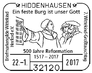 95 Thesen, Schlosskirche Wittenberg, Stempelnummer: 01/001, Hiddenhausen, 500 Jahre Reformation, Luther Briefmarken