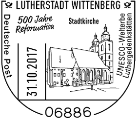 WAPPENSTEMPEL, Deutsche Post 500 Jahre Reformation Stadtkirche, UNESCO-Welterbe Luthergedenkst&auml;tten, Stadtkirche, Stempelnummer: 20/328, Luther Briefmarken