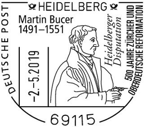 WAPPENSTEMPEL, Deutsche Post 500 JAHRE Z&Uuml;RCHER UND OBERDEUTSCHE REFORMATION, Martin Bucer 1491 bis 1551, Heidelberger Disputation, Motiv:	Martin Bucer Stempelnummer:	09/086