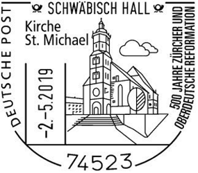 WAPPENSTEMPEL, Deutsche Post 500 JAHRE Z&Uuml;RCHER UND OBERDEUTSCHE REFORMATION, Kirche St. Michael Motiv:	Kirche St. Michael Stempelnummer: 09/090