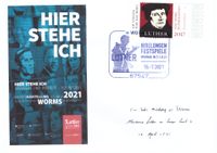 Stempel-Nr. 15/055, Nibelungenfestspiele Worms, Sonderstempel Nibelungenfestspiele, Worms 1521, Worms 2021, Sonderstempelplatte Worms Luther, Luther Briefmarken, Martin Luther King, G&ouml;bbels, Luthers Schatten