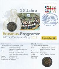 Martin Luther Briefmarke, Ausgabe der 2-Euro-Gedenkm&uuml;nze &bdquo;35 Jahre Erasmus-Programm&ldquo; OVALSTEMPEL Abbildung 2-Euro-Gedenkm&uuml;nze Erasmus- Programm Stempelnummer: 13/071