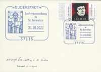 Diakon und Sammler David Scherger , RECHTECKSTEMPEL, Lutherausstellung in St. Servatius, Lutherfenster in St. Servatius, Duderstadt, Stempelnummer: 22/156, Luther Briefmarken