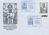 Diakon und Sammler David Scherger, RECHTECKSTEMPEL, Lutherausstellung in St. Servatius, Lutherfenster in St. Servatius, Duderstadt, Stempelnummer: 22/156, Luther Briefmarken