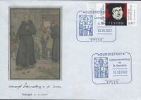 Diakon und Sammler David Scherger , RECHTECKSTEMPEL, Lutherausstellung in St. Servatius, Lutherfenster in St. Servatius, Duderstadt, Stempelnummer: 22/156, Luther Briefmarken