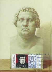 Diakon und Sammler David Scherger, RECHTECKSTEMPEL, Lutherausstellung in St. Servatius, Lutherfenster in St. Servatius, Duderstadt, Stempelnummer: 22/156, Luther Briefmarken