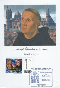 Diakon und Sammler David Scherger , RECHTECKSTEMPEL, Lutherausstellung in St. Servatius, Lutherfenster in St. Servatius, Duderstadt, Stempelnummer: 22/156, Luther Briefmarken