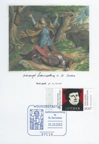 Diakon und Sammler David Scherger, RECHTECKSTEMPEL, Lutherausstellung in St. Servatius, Lutherfenster in St. Servatius, Duderstadt, Stempelnummer: 22/156, Luther Briefmarken