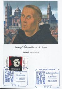 Diakon und Sammler David Scherger , RECHTECKSTEMPEL, Lutherausstellung in St. Servatius, Lutherfenster in St. Servatius, Duderstadt, Stempelnummer: 22/156, Luther Briefmarken