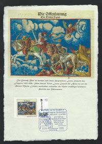 D&uuml;rer- &amp; Luther-Philatelisten e. V., Ausstellung zur Apokalypse, D&uuml;rer, Cranach, Haus Lucas Cranach d. J., Cranach Haus, Lutherstadt Wittenberg, Apokalyptischer Reiter, Holzschnitt von Albrecht D&uuml;rer