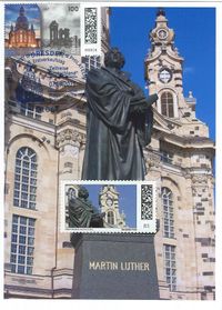 Michel-Nummer: 3785; Serie &quot;Zeitreise Deutschland&quot; , Dreden Fauenkirche, Luther-Denkmal Dresden, Luther Briefmarken, Lutherdenkm&auml;ler