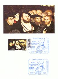 friedrich der weise sonderstempel; Sonderstempel 10.06.2023; Mitgliederversammlung D&uuml;rer- &amp; Luther-Philatelisten e.V.; Sonderstempel &quot;Eisenach am 10.06.2023&quot;; Kurf&uuml;rst Friedrich der Weise; Gem&auml;lde von Albercht D&uuml;rer.; Luther Briefmarken