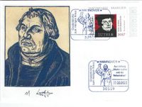 Diakon David Scherger, Pfarrer Holger Schmidt, Geo M&uuml;ller - Stempel M&uuml;ller e.K., N&uuml;rnberg, Ausstellung &bdquo;Martin Luther und die Reformation&ldquo; Hannover, Luther Briefmarken, Luther Sonderstempel 2023,