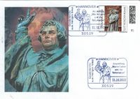 Diakon David Scherger, Pfarrer Holger Schmidt, Geo M&uuml;ller - Stempel M&uuml;ller e.K., N&uuml;rnberg, Ausstellung &bdquo;Martin Luther und die Reformation&ldquo; Hannover, Luther Briefmarken, Luther Sonderstempel 2023,