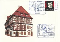 Diakon David Scherger, Pfarrer Holger Schmidt, Geo M&uuml;ller - Stempel M&uuml;ller e.K., N&uuml;rnberg, Ausstellung &bdquo;Martin Luther und die Reformation&ldquo; Hannover, Luther Briefmarken, Luther Sonderstempel 2023,