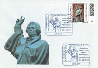 Diakon David Scherger, Pfarrer Holger Schmidt, Geo M&uuml;ller - Stempel M&uuml;ller e.K., N&uuml;rnberg, Ausstellung &bdquo;Martin Luther und die Reformation&ldquo; Hannover, Luther Briefmarken, Luther Sonderstempel 2023,