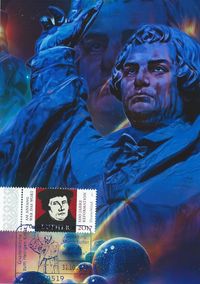 Diakon David Scherger, Pfarrer Holger Schmidt, Geo M&uuml;ller - Stempel M&uuml;ller e.K., N&uuml;rnberg, Ausstellung &bdquo;Martin Luther und die Reformation&ldquo; Hannover, Luther Briefmarken, Luther Sonderstempel 2023,