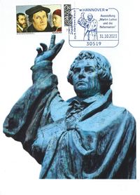 Diakon David Scherger, Pfarrer Holger Schmidt, Geo M&uuml;ller - Stempel M&uuml;ller e.K., N&uuml;rnberg, Ausstellung &bdquo;Martin Luther und die Reformation&ldquo; Hannover, Luther Briefmarken, Luther Sonderstempel 2023,