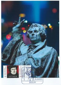 Diakon David Scherger, Pfarrer Holger Schmidt, Geo M&uuml;ller - Stempel M&uuml;ller e.K., N&uuml;rnberg, Ausstellung &bdquo;Martin Luther und die Reformation&ldquo; Hannover, Luther Briefmarken, Luther Sonderstempel 2023,