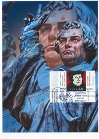 Diakon David Scherger, Pfarrer Holger Schmidt, Geo M&uuml;ller - Stempel M&uuml;ller e.K., N&uuml;rnberg, Ausstellung &bdquo;Martin Luther und die Reformation&ldquo; Hannover, Luther Briefmarken, Luther Sonderstempel 2023,