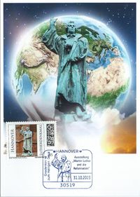 Diakon David Scherger, Pfarrer Holger Schmidt, Geo M&uuml;ller - Stempel M&uuml;ller e.K., N&uuml;rnberg, Ausstellung &bdquo;Martin Luther und die Reformation&ldquo; Hannover, Luther Briefmarken, Luther Sonderstempel 2023,