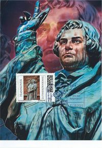 Diakon David Scherger, Pfarrer Holger Schmidt, Geo M&uuml;ller - Stempel M&uuml;ller e.K., N&uuml;rnberg, Ausstellung &bdquo;Martin Luther und die Reformation&ldquo; Hannover, Luther Briefmarken, Luther Sonderstempel 2023,