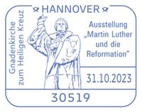 Stempelnr. 22/164, Diakon David Scherger, Pfarrer Holger Schmidt, Geo M&uuml;ller - Stempel M&uuml;ller e.K., N&uuml;rnberg, Ausstellung &bdquo;Martin Luther und die Reformation&ldquo; Hannover, Luther Briefmarken, Luther Sonderstempel 2023,