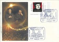 SCHW&Auml;BISCH HALL; Sonderstempel 11.05.2024; Luther Stempel 2024; D&uuml;rer- &amp; Luther-Philatelisten e. V.; Martin Luther; Johannes Brenz; Heidelberger Disputation 1518; RECHTECKSTEMPEL; Stempelnummer Nr: 09/044; Lutherbriefmarken