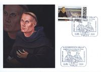 SCHW&Auml;BISCH HALL; Sonderstempel 11.05.2024; Luther Stempel 2024; D&uuml;rer- &amp; Luther-Philatelisten e. V.; Martin Luther; Johannes Brenz; Heidelberger Disputation 1518; RECHTECKSTEMPEL; Stempelnummer Nr: 09/044; Lutherbriefmarken