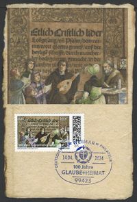 DEUTSCHE POST PHILATELIE 100 Jahre GLAUBE+HEIMAT, Motiv: Lutherrose und Logo der Kirchenzeitung Sonderstempelnummer: 00/034, Luther Briefmarken