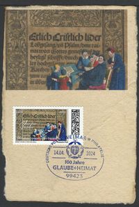 DEUTSCHE POST PHILATELIE 100 Jahre GLAUBE+HEIMAT, Motiv: Lutherrose und Logo der Kirchenzeitung Sonderstempelnummer: 00/034, Luther Briefmarken