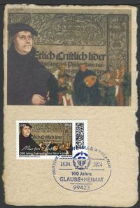 DEUTSCHE POST PHILATELIE 100 Jahre GLAUBE+HEIMAT, Motiv: Lutherrose und Logo der Kirchenzeitung Sonderstempelnummer: 00/034, Luther Briefmarken