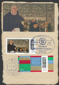 DEUTSCHE POST PHILATELIE 100 Jahre GLAUBE+HEIMAT, Motiv: Lutherrose und Logo der Kirchenzeitung Sonderstempelnummer: 00/034, Luther Briefmarken