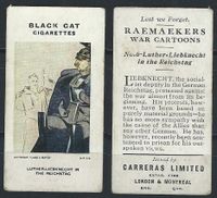 Luther Sammelbild, Luther Cigarettenbild, London &amp; Montreal, Land &amp; Water, BLACK CAT CIGARETTES, Lest we Forget, RAEMAEKERS WAR CARTOONS N0.6-Lutber-Liebknecht in the Reichstag.