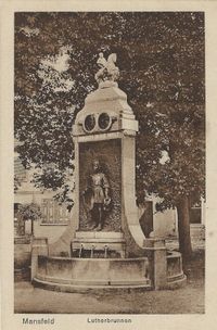 Reliefs des Lutherbrunnens in Mansfeld, Lutherdenkmal Mansfeld, Lutherbrunnen Mansfeld; Postkarte Lutherdenkmal, Lutherdenkmal, Luther Briefmarken, Martin Luther, Luther-Denkm&auml;ler, Lutherdenkm&auml;ler, Martin Luther Denkmal